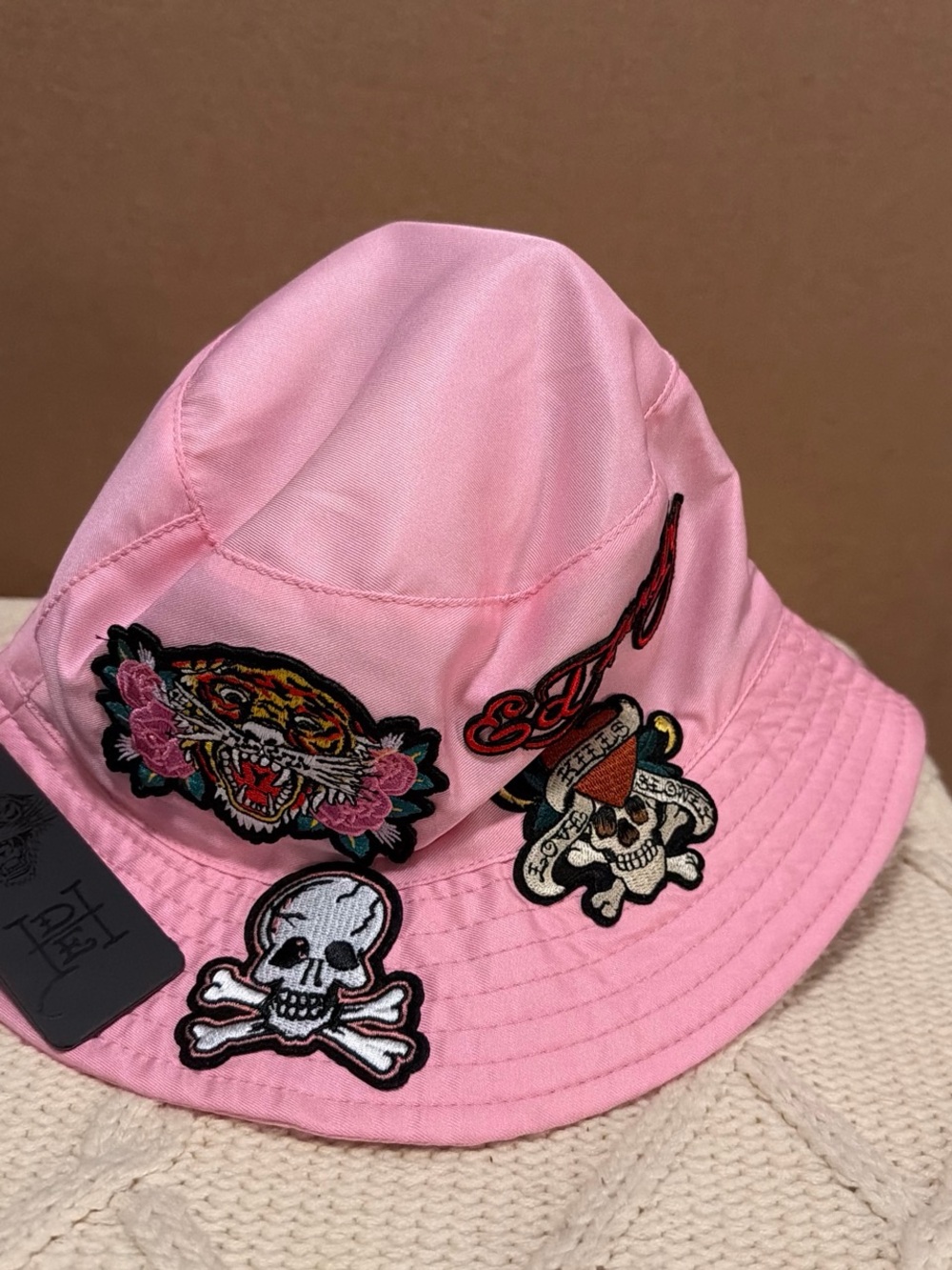Ed Hardy Pink Patchwork Bucket Hat - Edgy Skull & Tiger Design